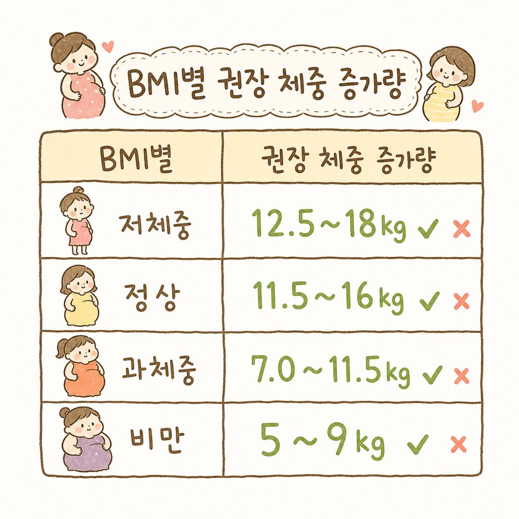 4개의 행으로 구성된 비교표. 왼쪽에는 BMI 그룹(저체중, 정상, 과체중, 비만)이 있고 오른쪽에는 각각의 권장 증가량이 색상별로 구분되어 표시됨