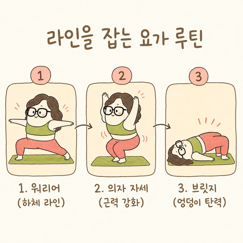 캐릭터가 요가 동작 3가지를 단계별로 수행하는 그림 (1. 워리어 자세, 2. 의자 자세, 3. 브릿지 자세)