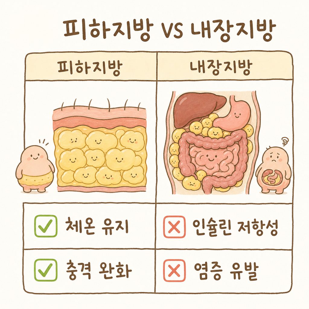 피하지방과 내장지방의 차이를 보여주는 2열 비교표. 왼쪽은 피부 아래 말랑한 지방, 오른쪽은 장기 사이의 딱딱한 지방을 도식화