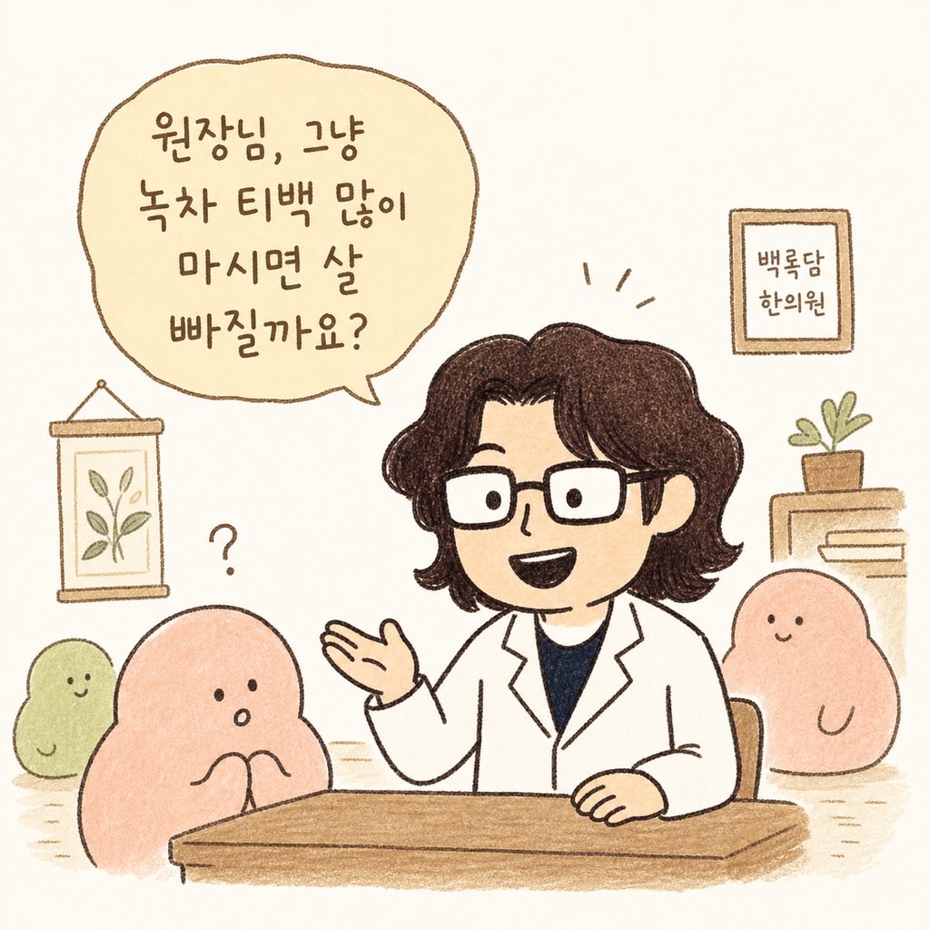 진료실 배경, 인자한 표정의 한의사 캐릭터가 환자의 질문을 경청하며 부드럽게 설명을 시작하려는 모습