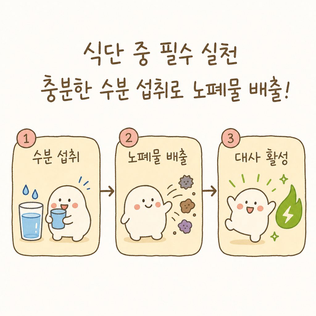 물 컵 아이콘에서 시작해 노폐물이 배출되는 화살표 흐름도. '수분 섭취 → 노폐물 배출 → 대사 활성' 순서로 이어지는 심플한 플로우차트.