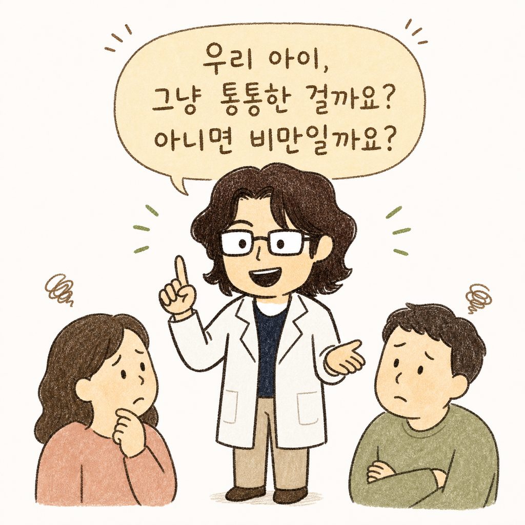 친절한 인상의 한의사 캐릭터가 걱정스러운 표정의 부모님에게 다정하게 설명하며 이야기를 시작하는 모습