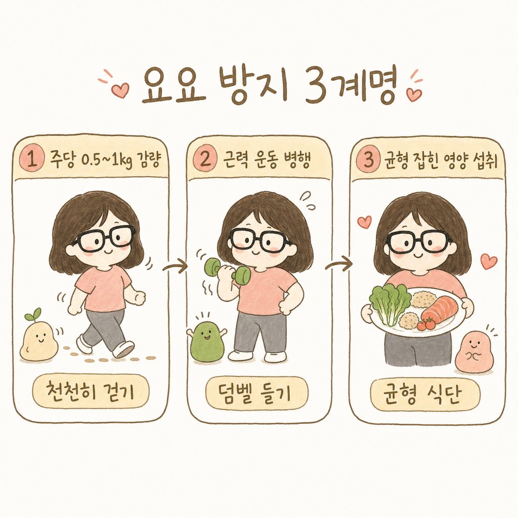 캐릭터가 세 가지 건강 수칙을 실천하는 모습의 분할 컷. 1. 천천히 걷기, 2. 덤벨 들기, 3. 균형 잡힌 식단 접시를 든 모습.