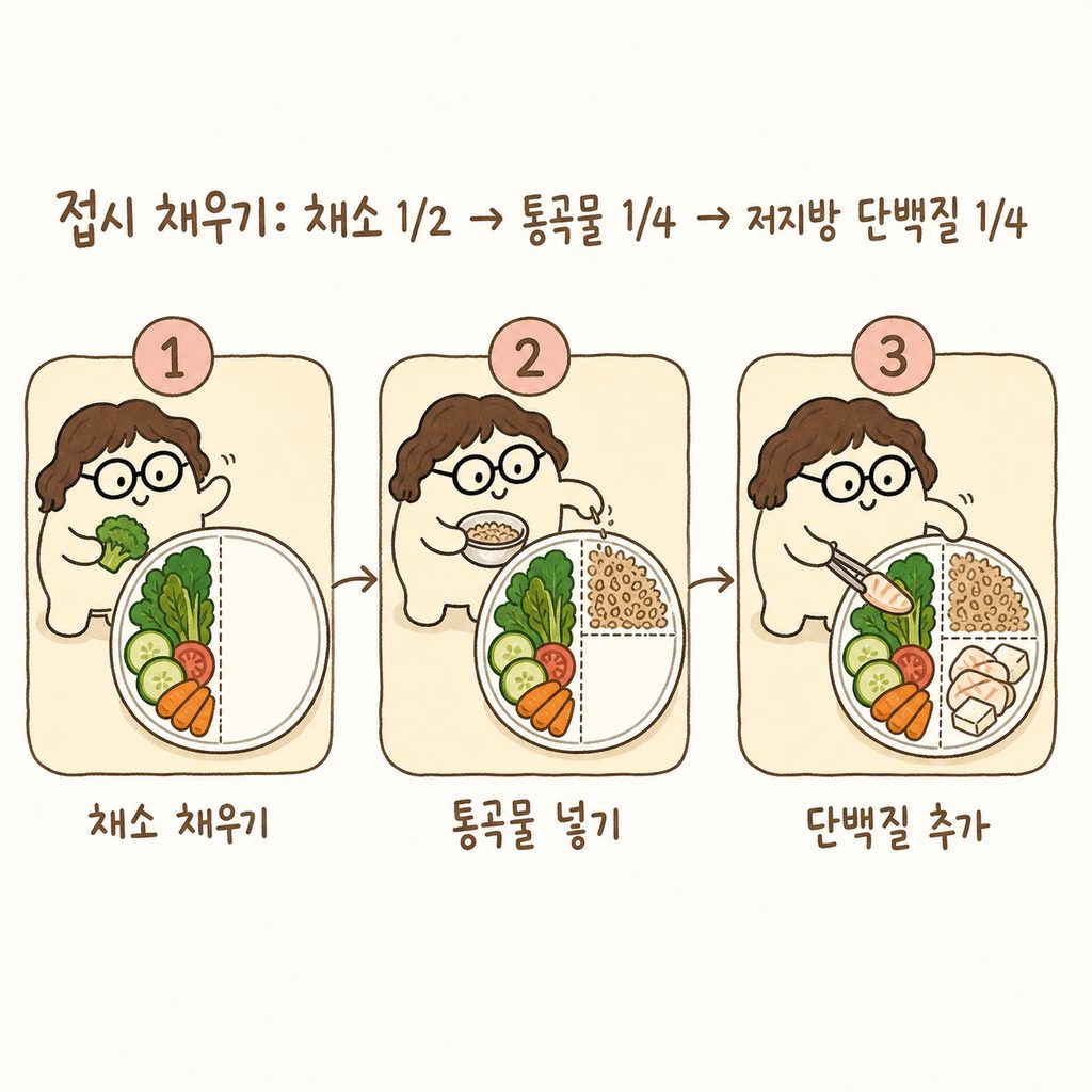 캐릭터가 이상적인 다이어트 접시를 구성하는 단계별 시퀀스. 1단계: 채소 채우기, 2단계: 통곡물 넣기, 3단계: 단백질 추가.