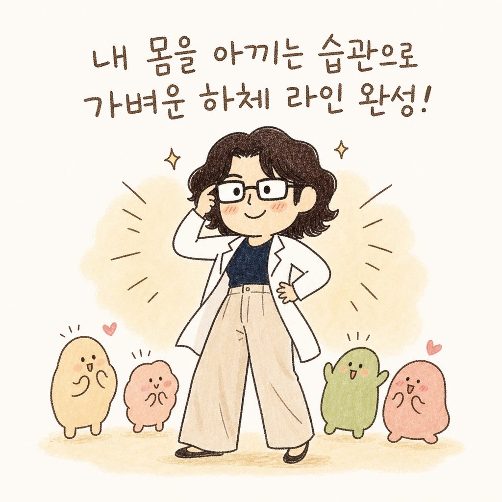 여유로운 핏의 하이웨이스트 와이드 팬츠를 입고 자신감 있게 포 즈를 취하며 아주 만족스러워하는 캐릭터의 전신 모습