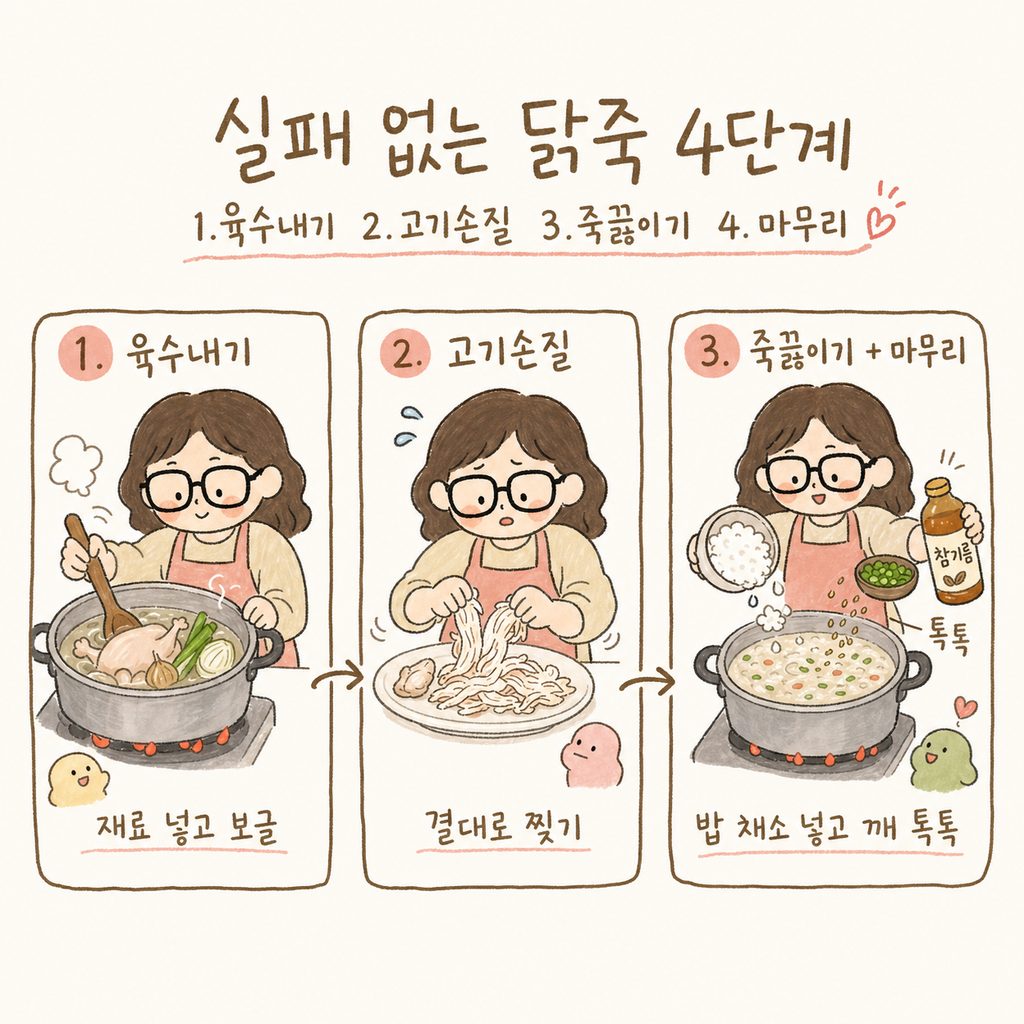 캐릭터가 앞치마를 두르고 요리하는 과정을 4단계로 나누어 묘사 : 1. 냄비에 재료 넣고 끓이기, 2. 닭고기 결대로 찢기, 3. 밥과 채소 넣어 끓이 기, 4. 참기름과 깨 뿌리