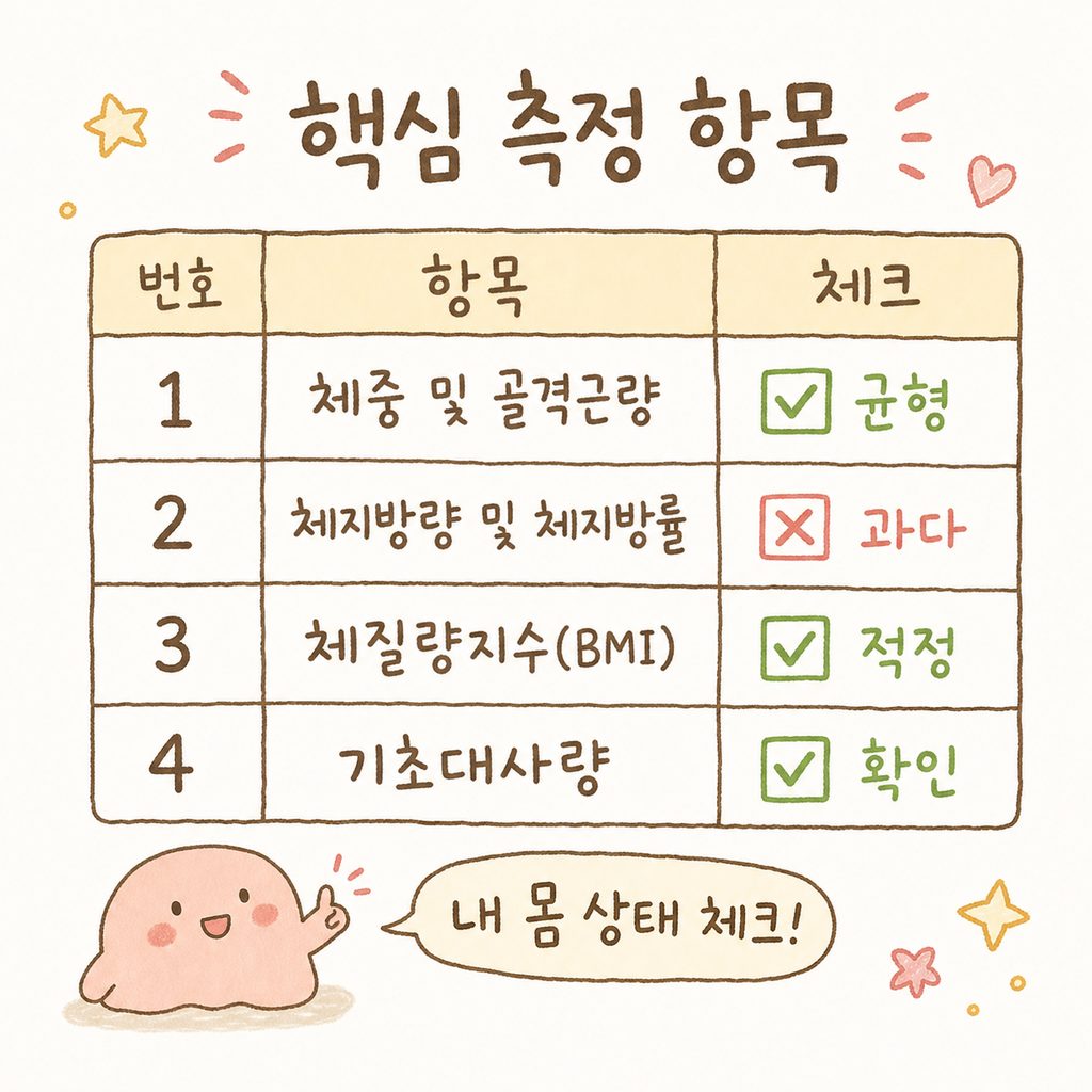 보건소 체성분 검사에서 측정하는 가장 핵심적인 4가지 지표를 명확하게 보여주는 비교표 형식의 디자인