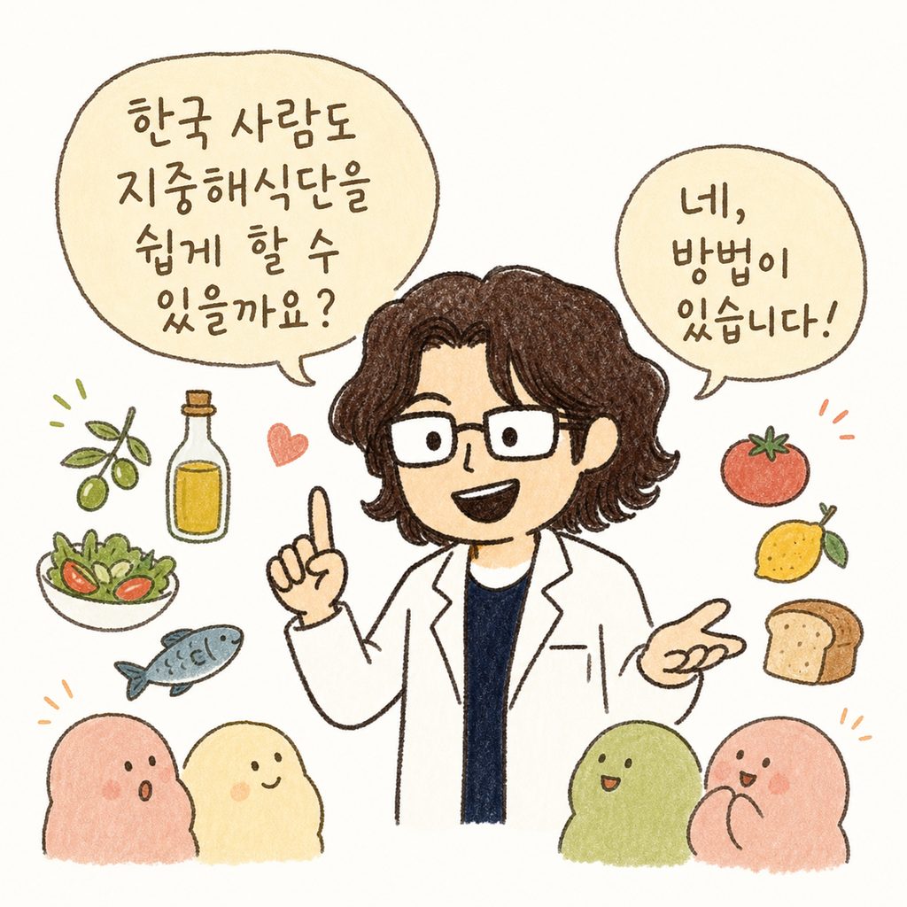 친절한 표정의 의사 캐릭터가 진료실에서 환자의 질문에 답하며 지중해식단을 소개하는 모습