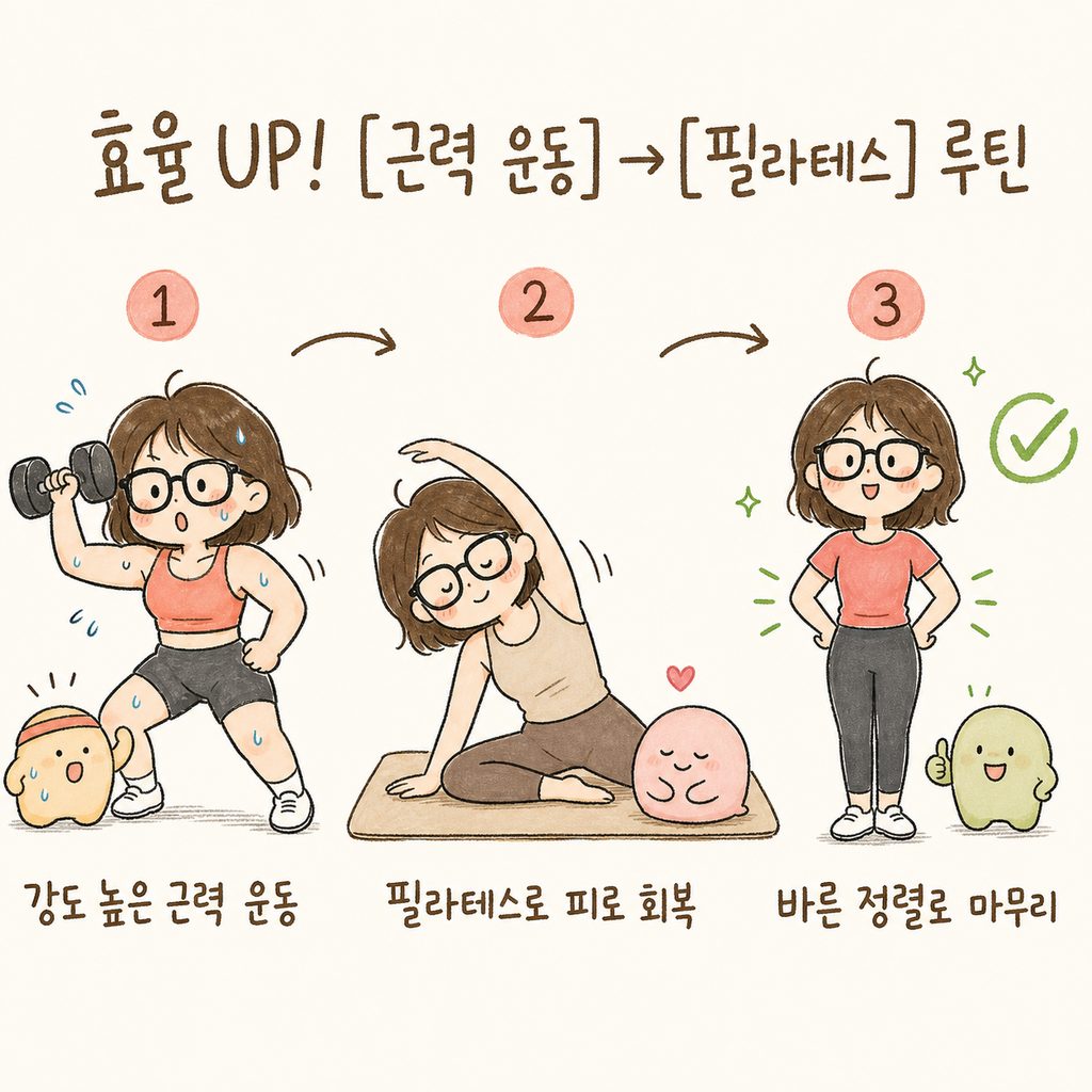 캐릭터가 1단계: 강도 높은 근력 운동(헬스), 2단계: 필라테스로 피로 회복 및 정렬을 하는 효율적인 운동 루틴 시퀀스 그림.