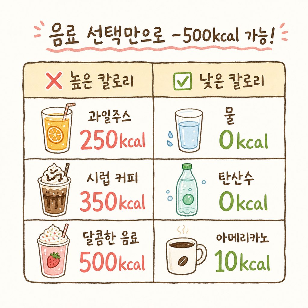 饮品对比表。左侧为含糖果汁/糖浆咖啡(❌),右侧为水/苏打水/美式咖啡(✅),直观对比卡路里差异