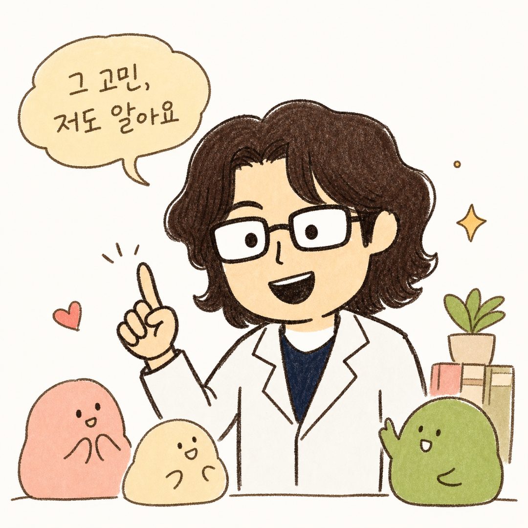 백록담 원장이 본문 주제와 관련된 상황에서 독자의 고민에 공감하며 등장하는 도입 장면. 진료실 또는 일상 공간.