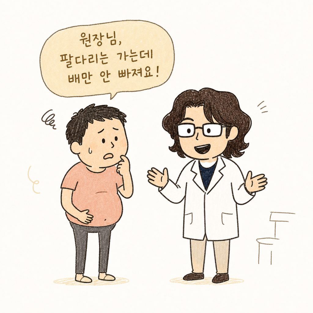 진료실 배경에서 의사 가운을 입은 캐릭터가 고민이 많은 표정의 남성 환자를 친절하게 맞이하며 상담을 시작하는 모습