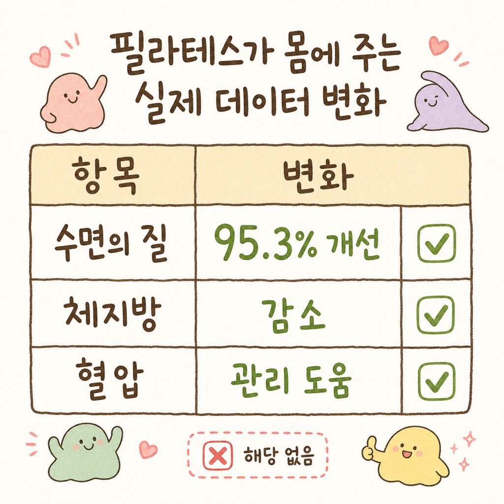 필라테스의 3가지 주요 긍정적 효과를 비교한 표. 수면의 질(95.3% 개선), 체지방 감소, 혈압 관리 세 가지 항목을 명확하게 제시.