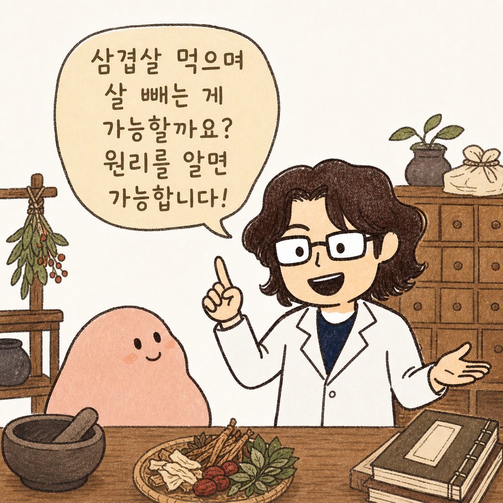 인자한 모습의 한의사 캐릭터가 진료실에서 환자에게 친절하게 설명하며 손짓하는 모습. 배경에는 한의원 느낌의 정갈한 인테리어가 보임.