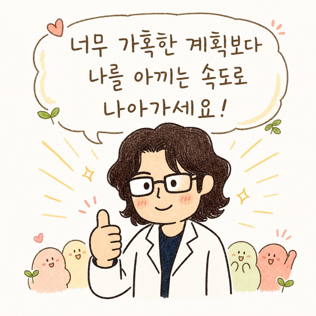 한의사 캐릭터가 부드럽게 웃으며 응원의 제스처(엄지 척 또는 따뜻한 손길)를 취하고 있는 모습. 배경에는 건강한 에너지가 느껴지는 밝은 효과 선 추가