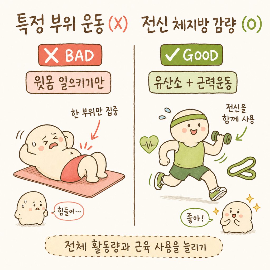 왼쪽(X)에는 윗몸 일으키기만 하는 모습, 오른쪽(O)에는 유산소와 근력운동을 병행하는 전신 실루엣 비교