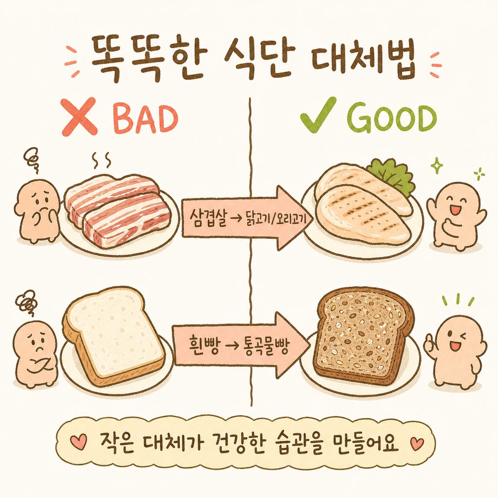 화면을 반으로 나누어 왼쪽(❌)에는 삼겹살과 흰빵, 오른쪽(✅)에는 닭가슴살과 통곡물빵이 배치된 대비 컷