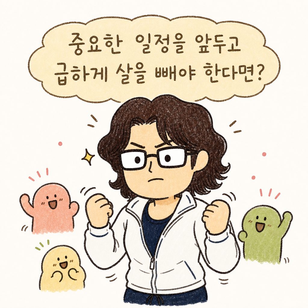 귀여운 캐릭터가 다이어트 결심을 한 듯 비장한 표정으로 운동복을 입고 주먹을 불끈 쥐고 있는 모습