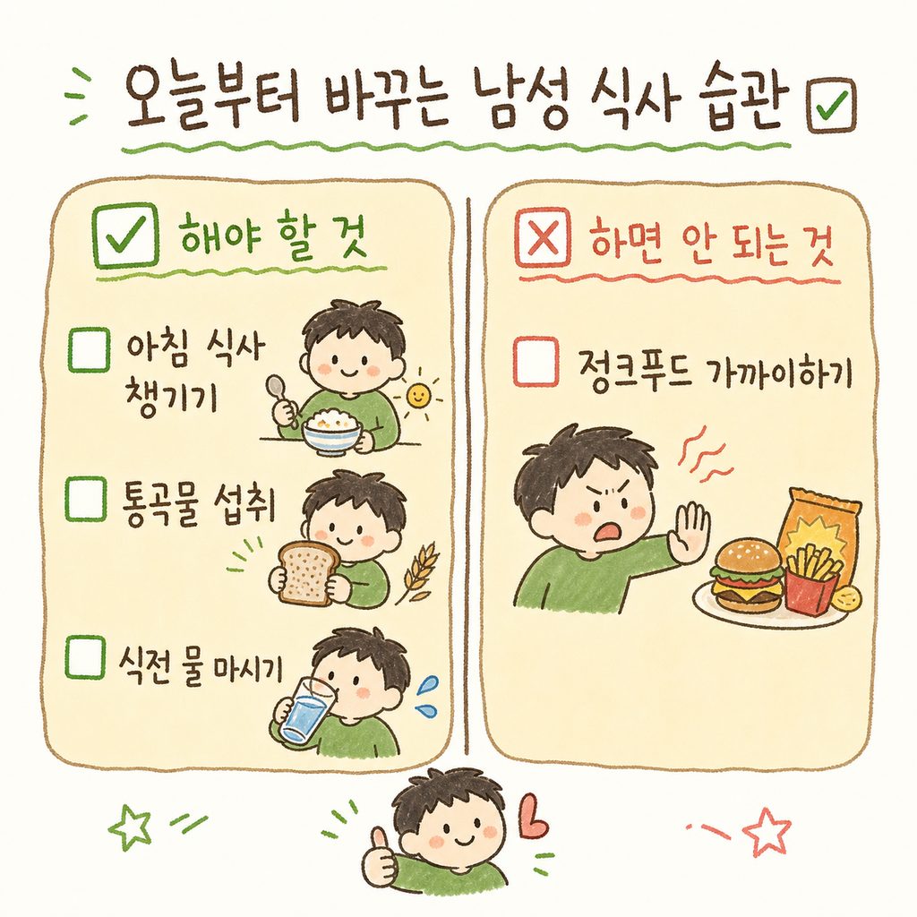 남성 식단 관리를 위한 체크리스트. 아침 식사 챙기기, 정크푸드 멀리하기, 통곡물 섭취, 식전 물 마시기 4가지 항목