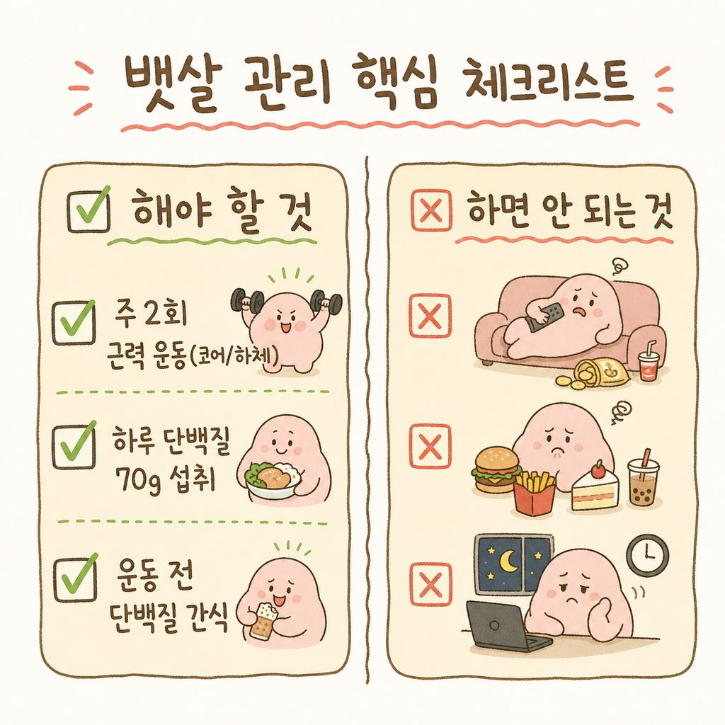 뱃살 관리를 위한 3가지 핵심 체크리스트. 각 항목 앞에 체크박스 아이콘이 있으며 깔끔한 리스트 형태로 구성