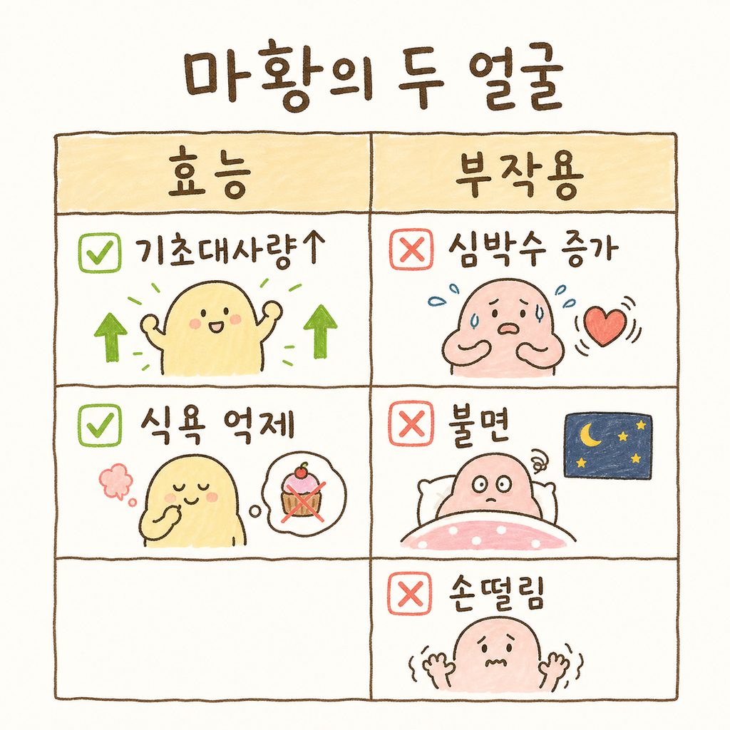 마황 성분의 긍정적 역할과 부정적 반응을 대비시킨 간단한 표. 왼쪽(효능)과 오른쪽(부작용)으로 구분