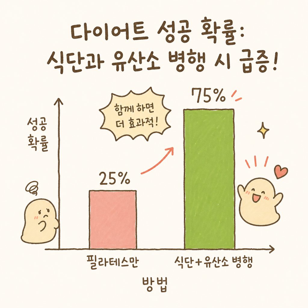 단순 필라테스만 했을 때와 '필라테스+식단+유산소'를 병행했을 때의 체중 감량 효율을 보여주는 막대 그래프. 병행했을 때의 막대가 월등히 높 게 솟아 있는 모습.