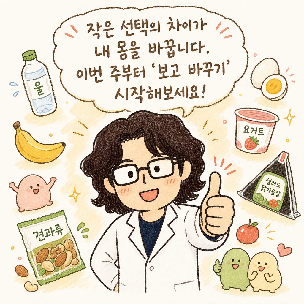 의사 캐릭터가 엄지손가락을 치켜세우며 응원하는 모습. 배경에는 건강한 편의점 간식들이 떠다니는 밝은 분위기