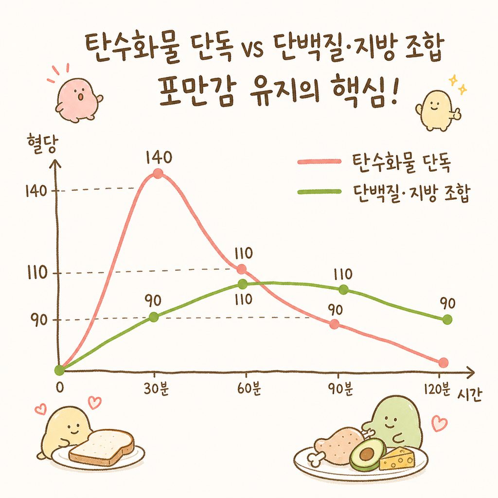 탄수화물만 섭취했을 때의 급격한 혈당 그래프와 단백질/지방을 곁들였을 때의 완만한 혈당 곡선을 비교하는 단순 선 그래프