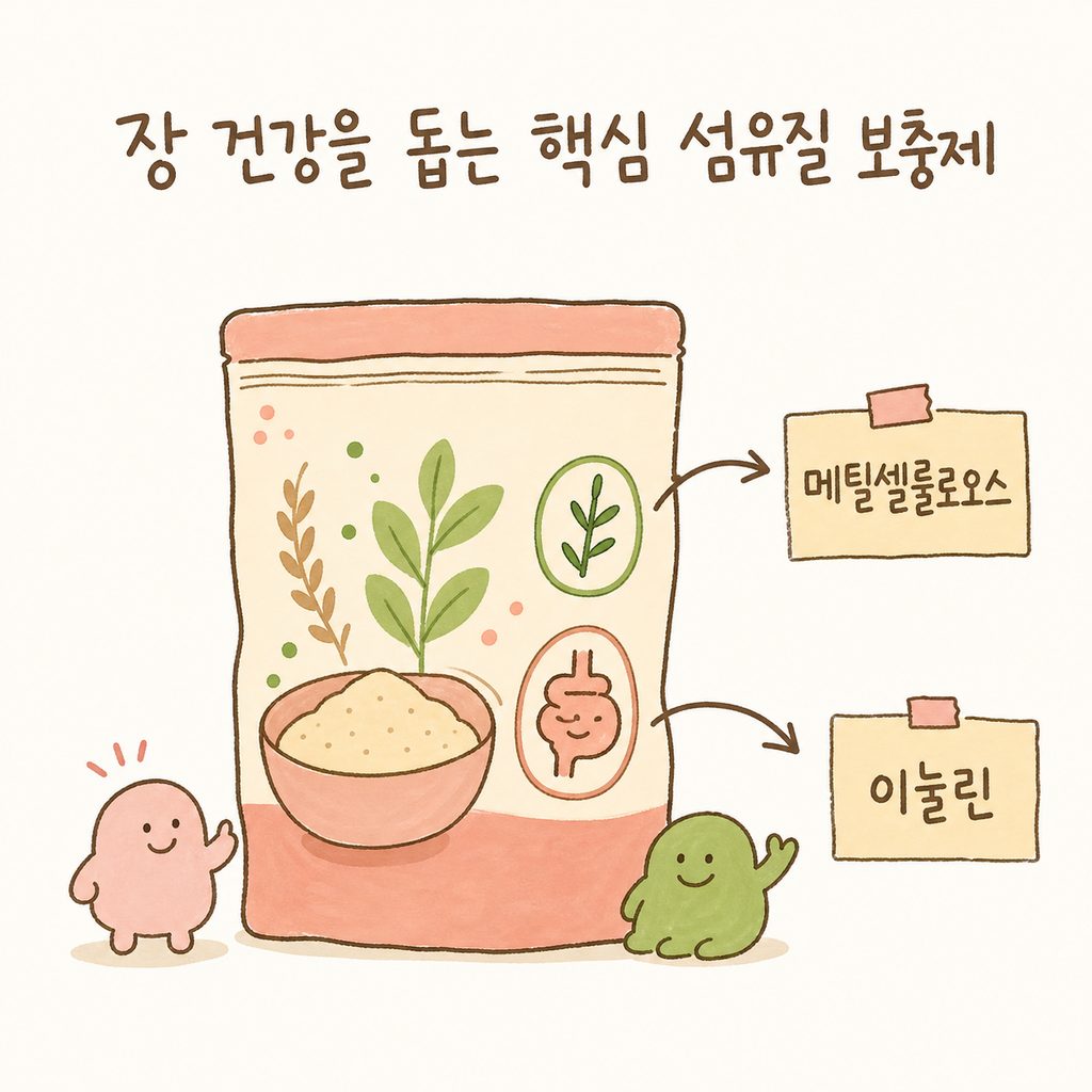 섬유질 보충제 제품 일러스트에 화살표를 표시하여 '메틸셀룰로오스', '이눌린' 성분 라벨링