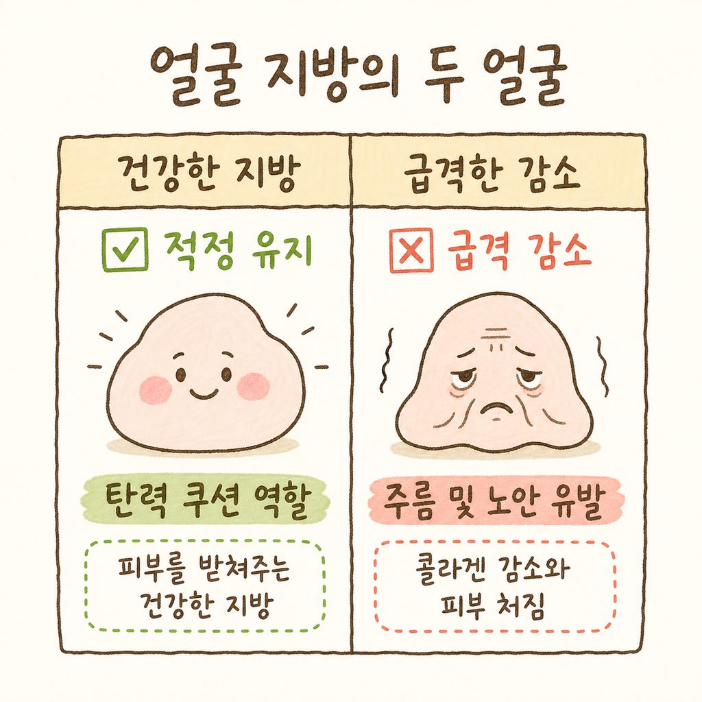 얼굴 지방의 역할을 비교하는 표. [건강한 지방: 피부를 받쳐주 는 탄력 쿠션 역할 / 급격한 감소: 콜라겐 감소 및 피부 처짐 발생] 두 가지 상태 를 대비하여 시각화
