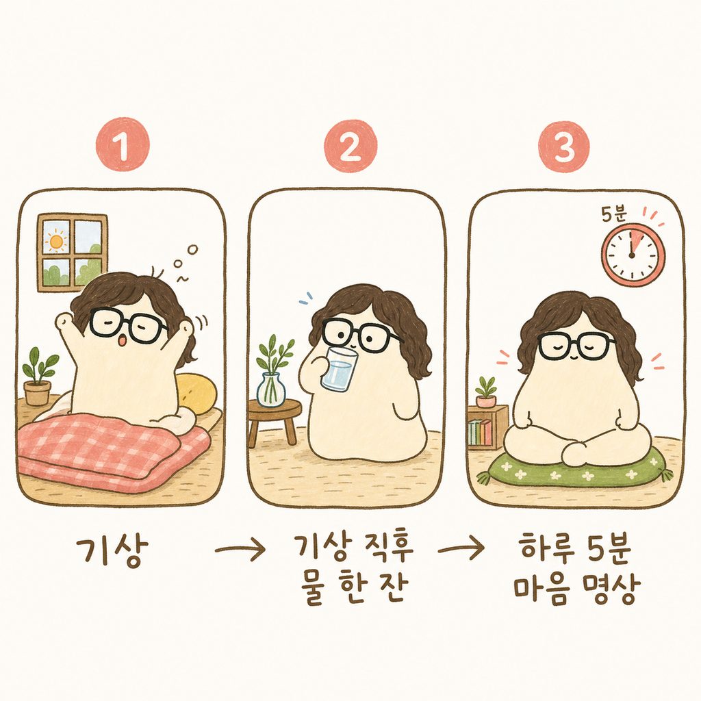 캐릭터가 아침에 일어나 물 한 잔을 마시는 모습(1단계)과 5분간 조용히 명상에 잠긴 모습(2단계)을 나누어 보여주는 시퀀스 컷