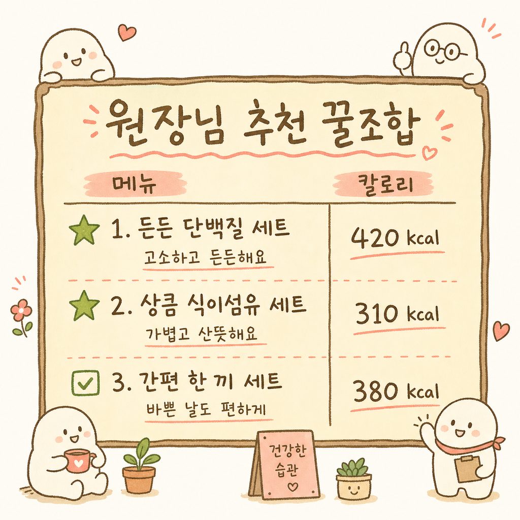 카페 메뉴판 스타일의 디자인에 '원장님 추천 꿀조합' 리스트 3가지를 정갈하게 정리한 컷