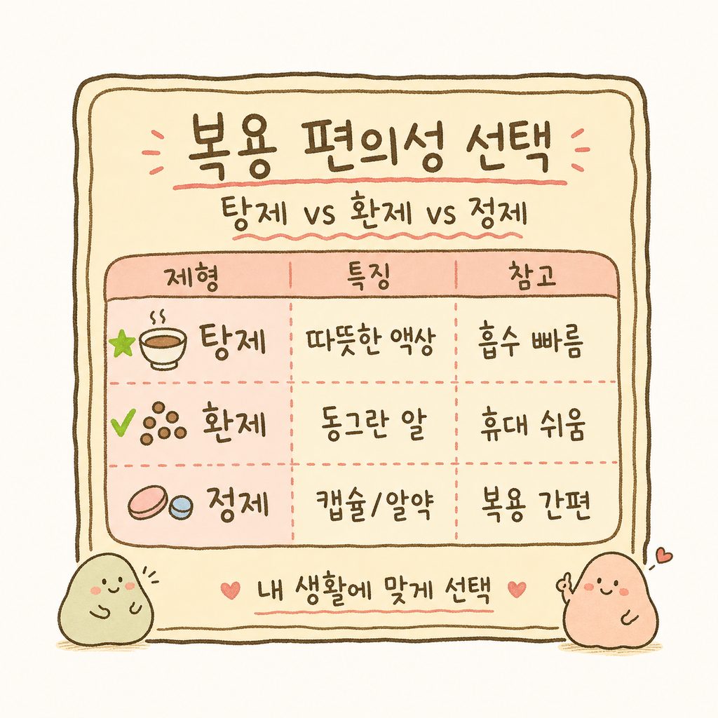 메뉴판 형식의 디자인으로 한약의 세 가지 제형을 소개. 탕제(액상), 환제(동그란 알), 정제(캡슐/알약)의 특징을 짧게 나열.