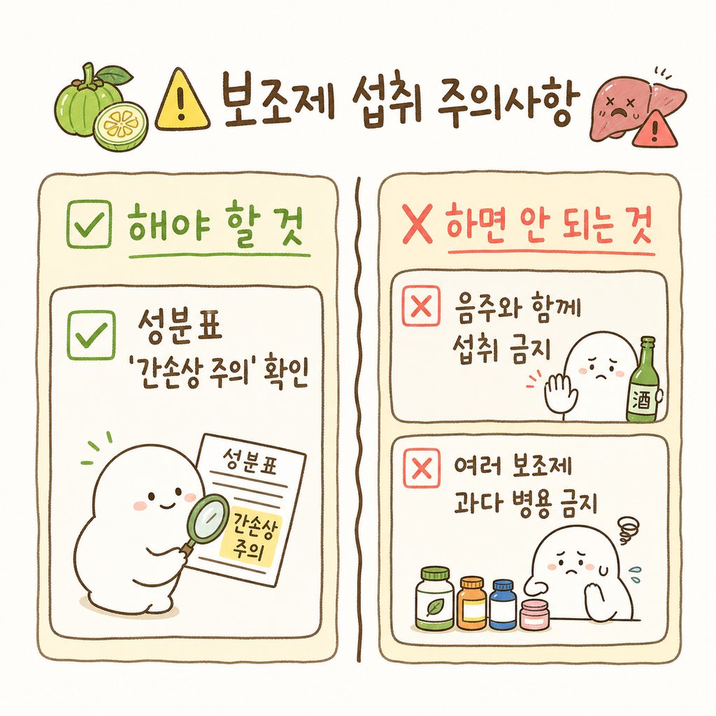 간 건강 주의사항 체크리스트. 가르시니아 성분과 간 손상 경고 아이콘이 배치되어 있으며 주의해야 할 상황을 나열함