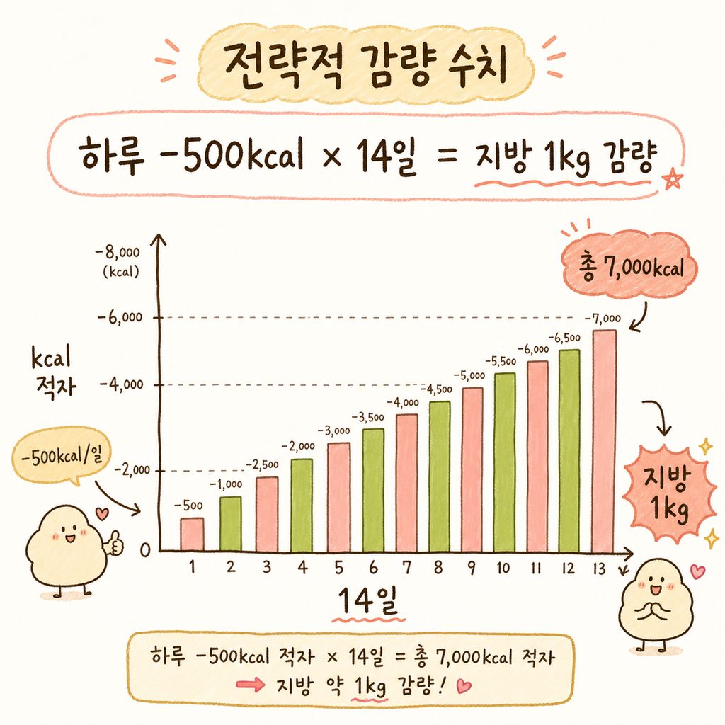 체중 감량 원리를 설명하는 막대 그래프. '지방 1kg 감량'을 위해 필요한 '7,000kcal' 적자분과 하루 '500kcal'씩 14일간 줄이는 과정을 시각화