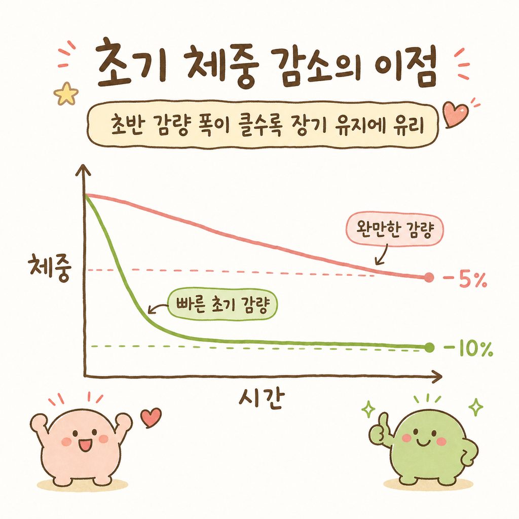 전통적인 완만한 감량 곡선과 초반에 빠르게 떨어지는 급격한 감량 곡선을 비교하는 꺾은선 그래프