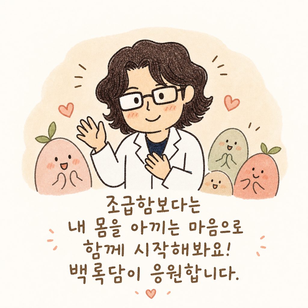 한의사 캐릭터가 응원의 미소를 지으며 따뜻하게 인사하는 마무리 컷