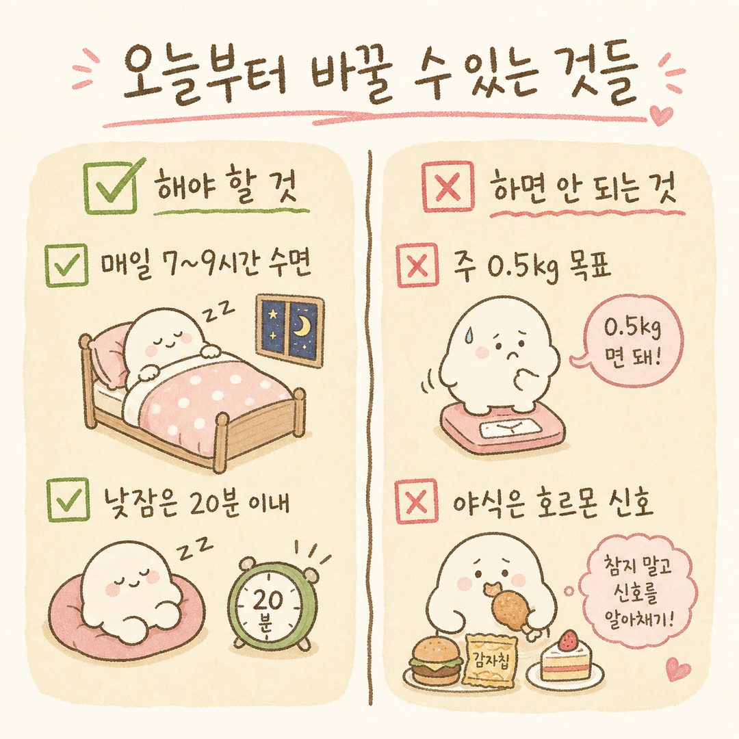 ✅해야 할 것(초록색)과 ✗하면 안 될 것(빨강색)으로 나뉜 4개 항목의 체크리스트. 아이콘으로 침대, 시계, 체중계, 음식을 배치