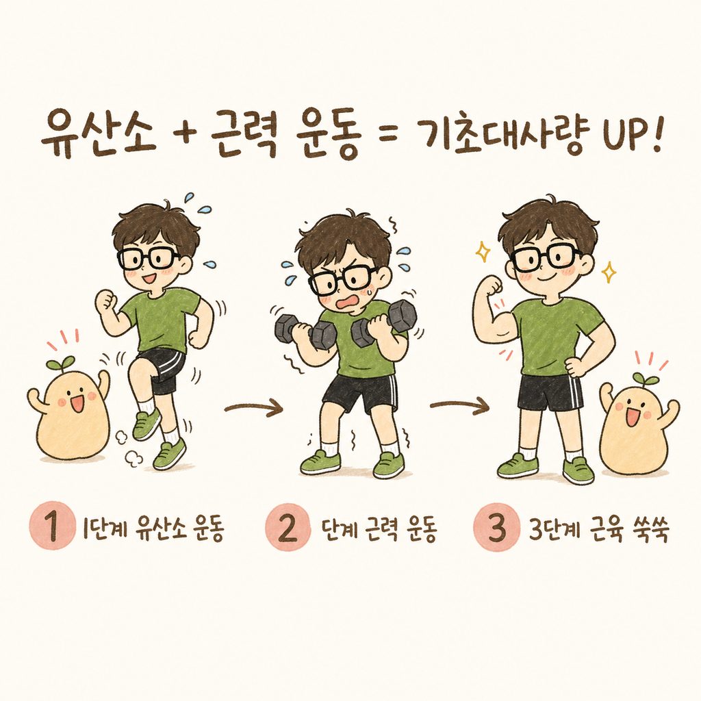 남성 캐릭터가 유산소 운동뿐만 아니라 웨이트 트레이닝을 병행하며 근육을 키우는 2단계 시퀀스 그림