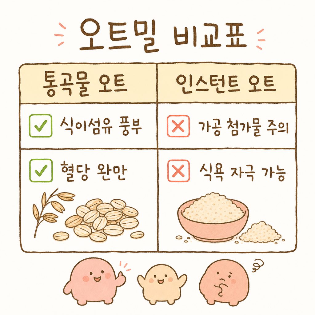 스틸컷/롤드 오트(통곡물 형태)와 인스턴트 오트밀(가공 형태)의 특징을 비교하는 깔끔한 표 레이아웃