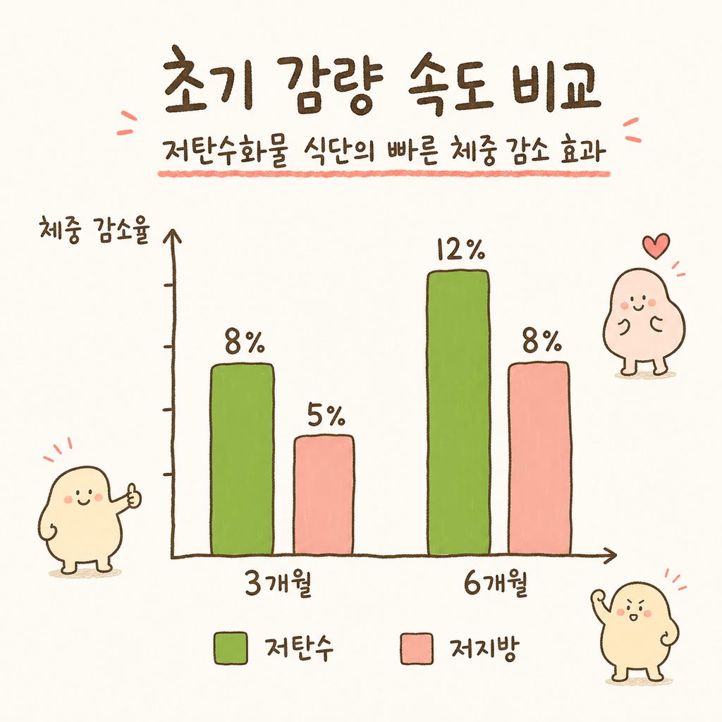 저탄수화물 식단 vs 저지방 식단의 3개월 및 6개월 차 체중 감소율을 비교하는 막대 그래프. 저탄수화물 식단 쪽의 막대가 더 높게 솟아 있는 형태.
