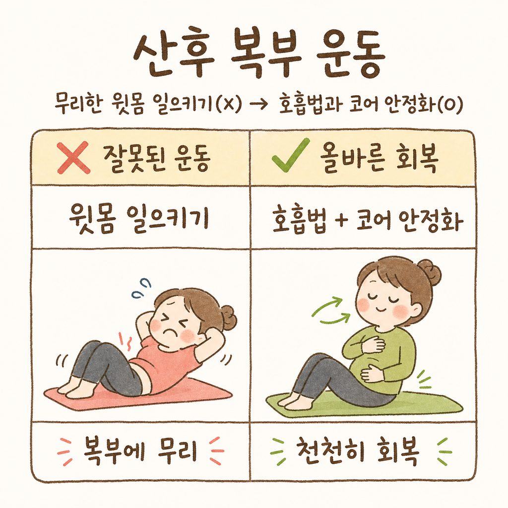 잘못된 운동 방식(❌)과 올바른 회복 방식(✅)을 비교하는 표. 윗몸 일으키기 vs 호흡 및 코어 안정화