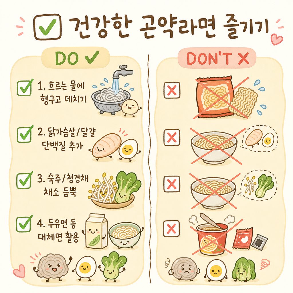 곤약라면을 더 건강하게 먹기 위한 체크리스트. 헹구기, 단백질 추가, 채소 추가, 대체면 고려 4가지 항목을 체크박스 형태로 구성