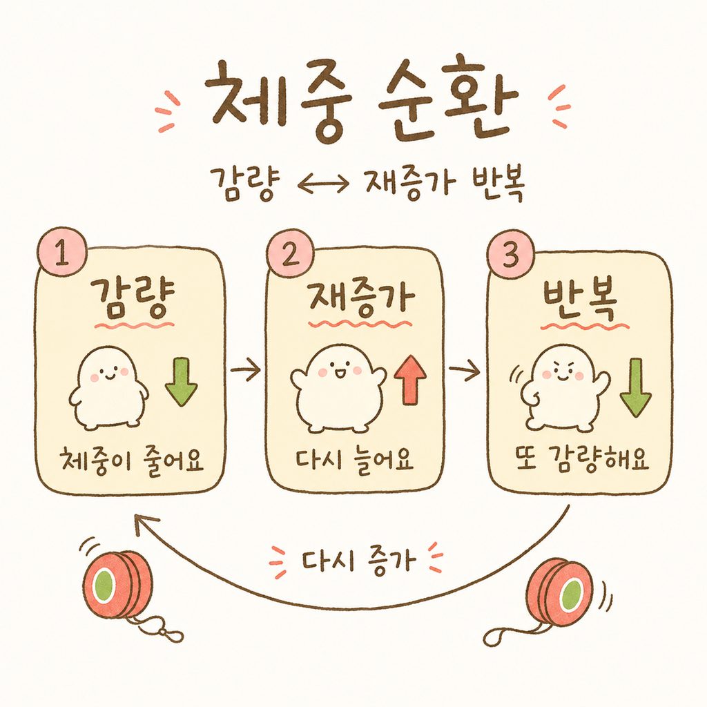 요요 장난감의 움직임을 모티브로 한 플로우차트. 감량 → 재증가 → 다시 감량 → 또 증가 단계가 순환하는 화살표 구조.
