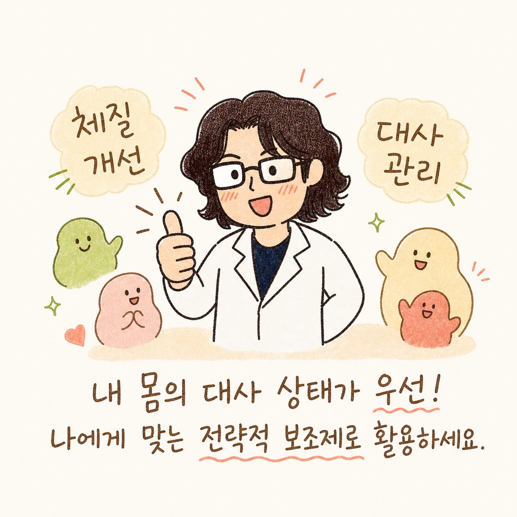 한의사 캐릭터가 자신감 있게 엄지를 치켜세우거나 따뜻하게 응원하는 포즈를 취하며, 배경에 '체질 개선'과 '대사 관리'라는 키워드가 떠 있는 모습