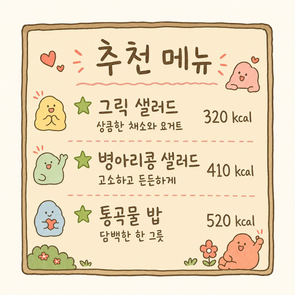 메뉴판 스타일의 디자인에 추천 레시피 3가지가 깔끔하게 나열된 레이아웃