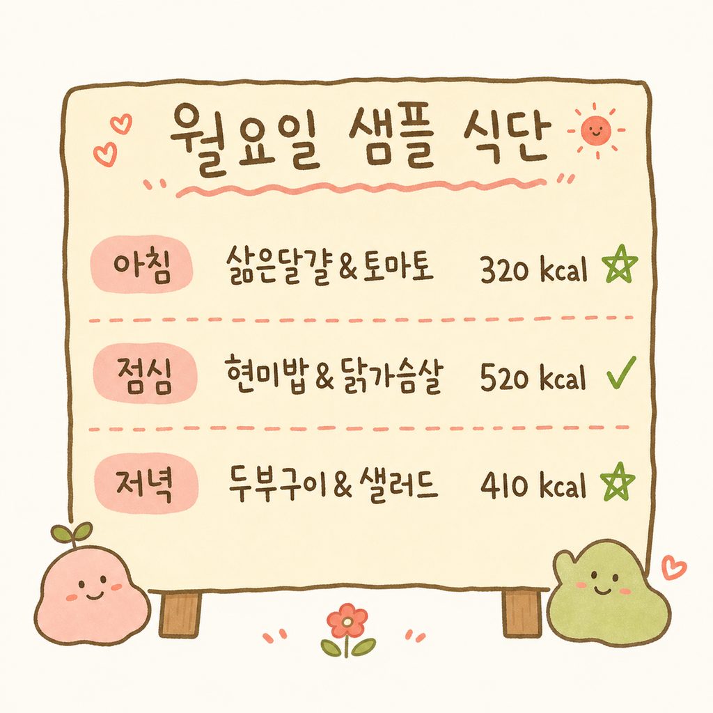 월요일 하루 식단을 메뉴판 형식으로 구성. 아침, 점심, 저녁 세 가지 끼니의 메뉴와 칼로리가 깔끔하게 나열됨