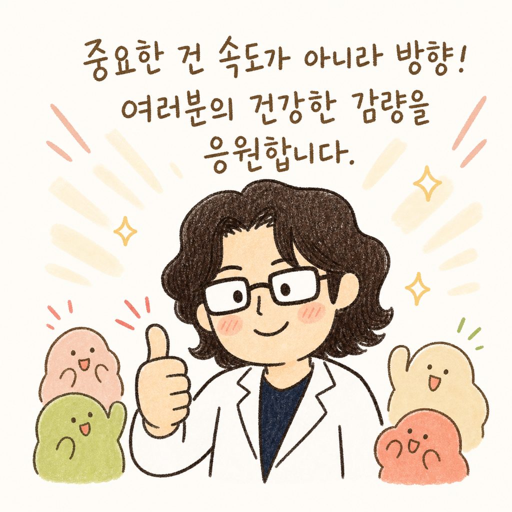 한의사 캐릭터가 엄지손가락을 치켜세우며 환자를 응원하는 모습. 배경에는 밝은 빛과 함께 '건강한 감량' 문구가 강조됨.