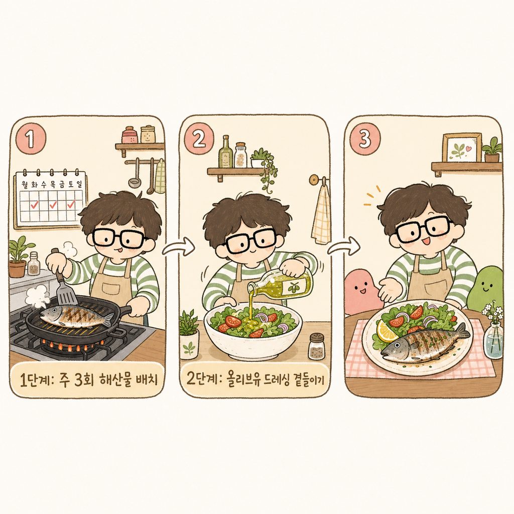 캐릭터가 주방에서 생선을 굽고 샐러드를 준비하는 과정을 보여주는 2단계 시퀀스 그림