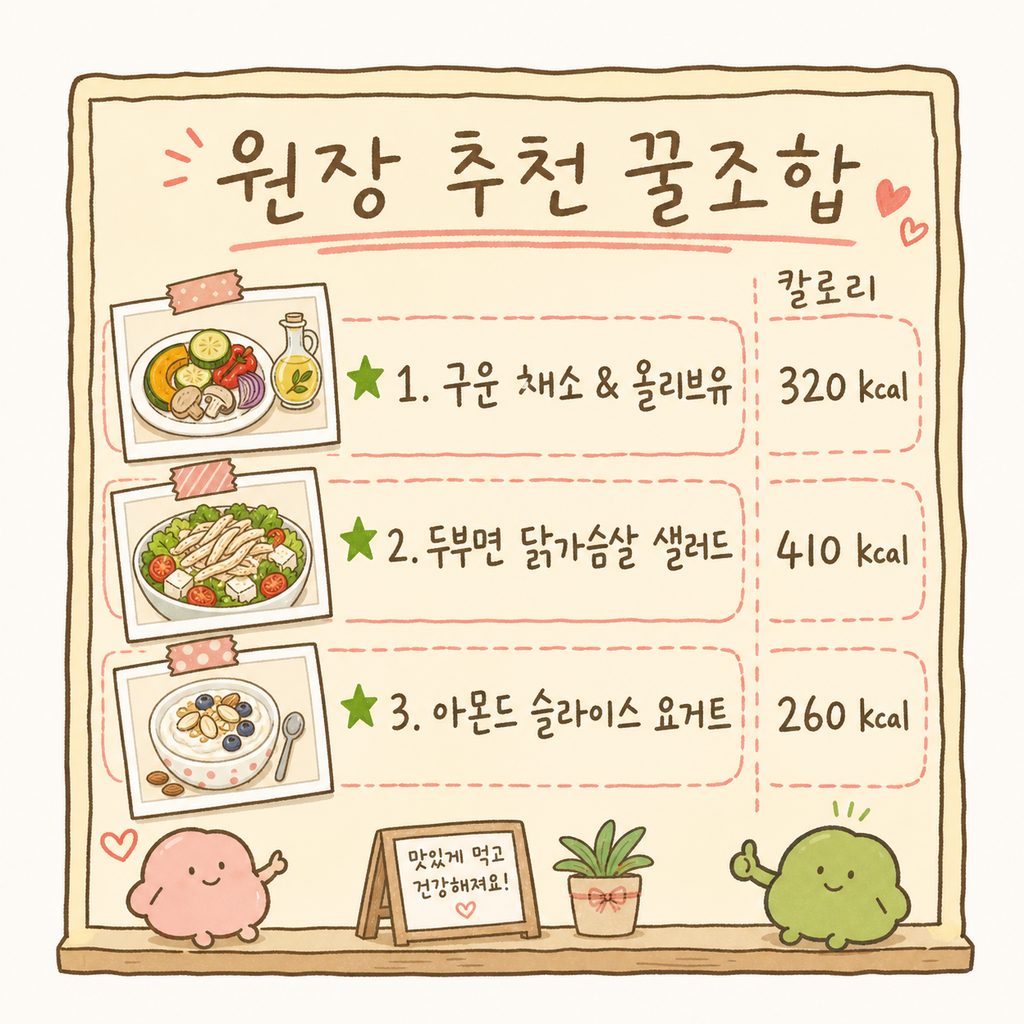 카페 메뉴판 스타일의 디자인. 원장이 추천하는 꿀조합 3가지가 사진과 함께 리스트 형태로 제시됨